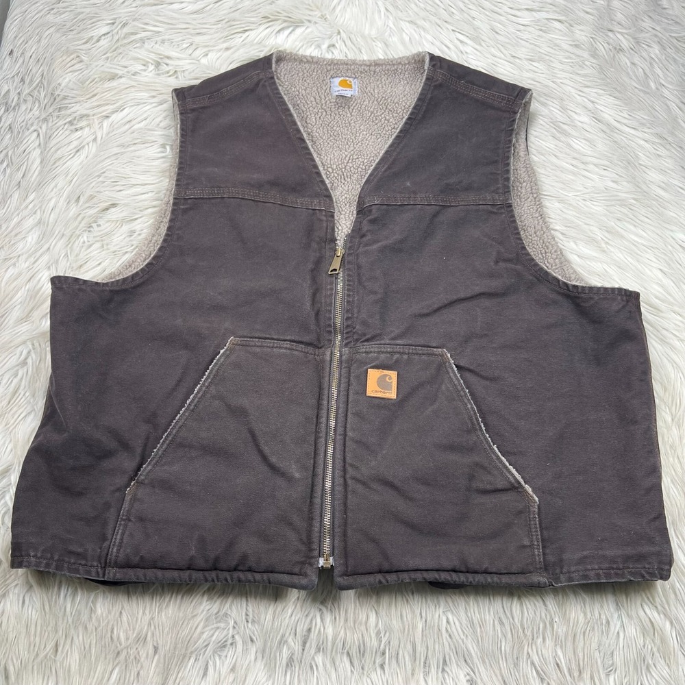 Vintage Carhartt Men's 2XL Fleece Lined Canvas‎ Vest Zip Front Brown